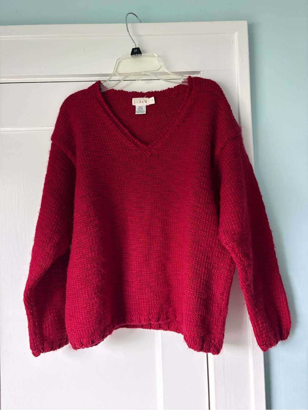 VTG 90s J.Crew Hand-Knit 100% Wool V-Neck Chunky Sweater Red Made in Uruguay
